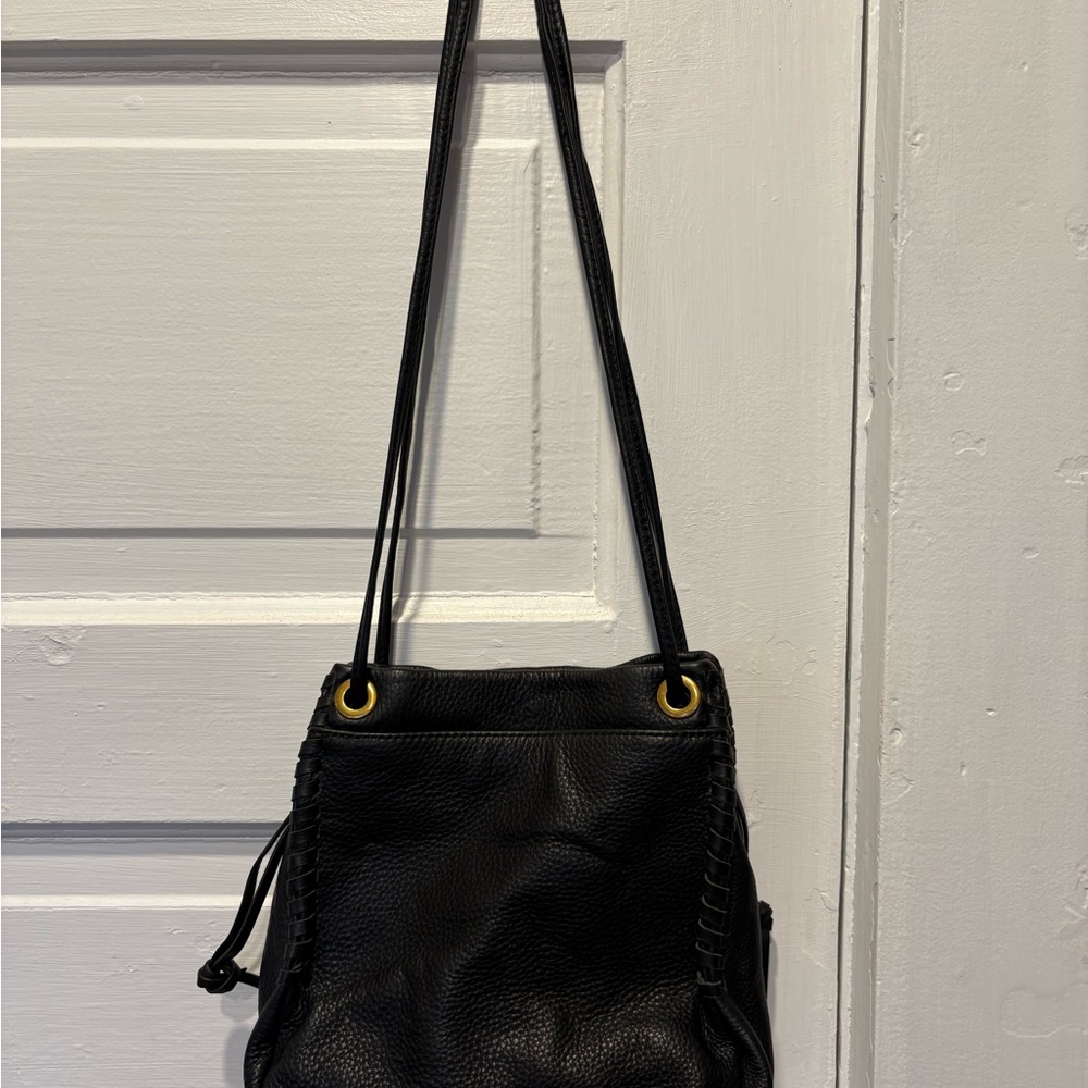 HOBO Black Leather Shoulder Bag with Gold Accents